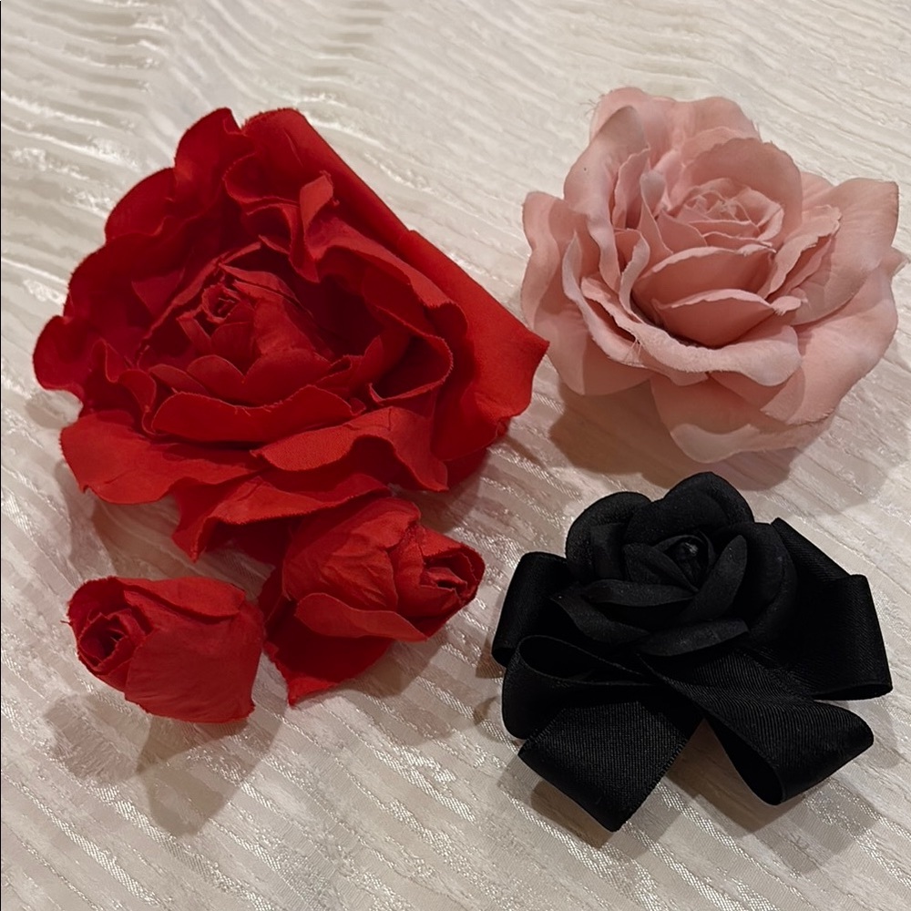 ESCADA Elegant Red, Pink, and Black Fabric Flowers with lapel pins.